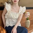 Ruffle Sleeve Square Neck Eyelet Top Almond - One Size