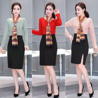 Two Tone Long Sleeve Sheath Dress With Scarf