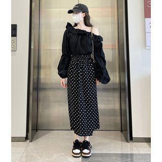 Long-sleeve Off-shoulder Ruffle Blouse / High-waist Dotted Skirt