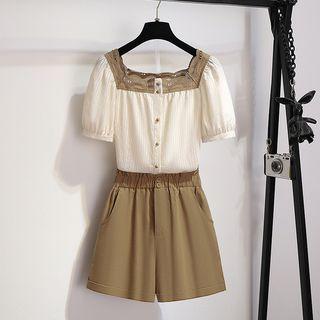 Set: Puff-sleeve Lace Trim Blouse + Shorts