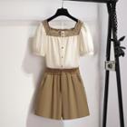 Set: Puff-sleeve Lace Trim Blouse + Shorts