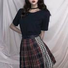 Plain Long Sleeve T-shirt / Plaid Panel Flared Skirt