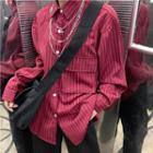 Long-sleeve Striped Shirt Wine Red - One Size