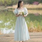 Lace Trim Puff-sleeve Mesh Midi A-line Dress