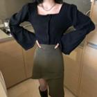 Square-neck Cardigan / Asymmetrical Pencil Skirt