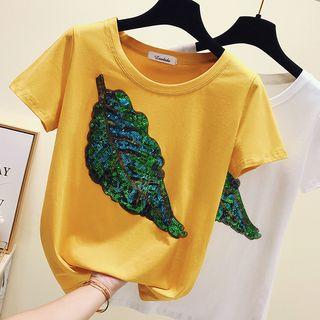 Short-sleeve Leaf Sequined T-shirt