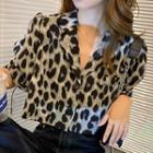 Short-sleeve Leopard Print Crop Shirt Gray - One Size