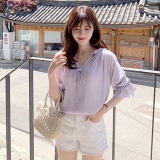 Beribboned Crinkled Linen Blend Blouse Light Purple - One Size