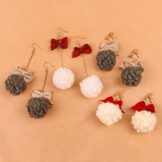 Bow Pom Pom Asymmetrical Dangle Earring