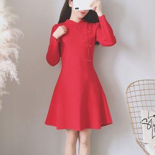 Button Accent A-line Knit Dress Red - One Size