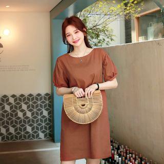 Puff-sleeve Linen Blend Shift Dress