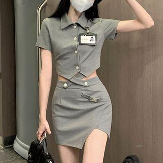 Set: Collar Cropped T-shirt / Mini Pencil Skirt