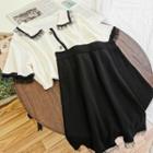 Set: Mesh Trim Elbow-sleeve Knit Top + Midi A-line Skirt Knit Top & Skirt - As Shown In Figure - One Size