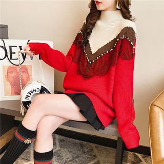 Mock-turtleneck Faux Pearl Sweater