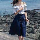 Set: Elbow-sleeve Cold Shoulder Top + A-line Midi Skirt