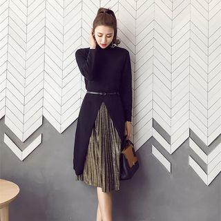 Long-sleeve Velvet Panel Knit Dress