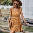 Sleeveless Square-neck Half-button Plain A-line Mini Dress