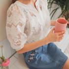 Puff-sleeve Lace Sheer Blouse