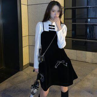Frog Buttoned Blouse / Spaghetti Strap Velvet Dress