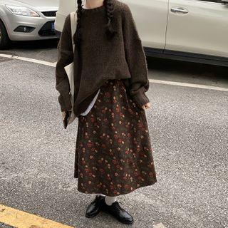 Floral Print Maxi A-line Corduroy Skirt Coffee - One Size