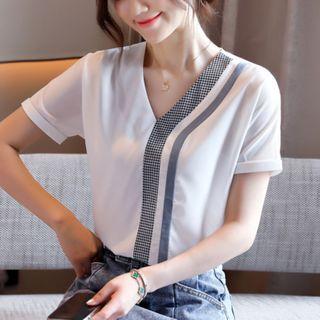 Plaid Panel V-neck Short-sleeve Chiffon Top
