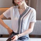 Plaid Panel V-neck Short-sleeve Chiffon Top