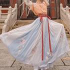Flower Embroidered Hanfu Blouse / Maxi A-line Skirt