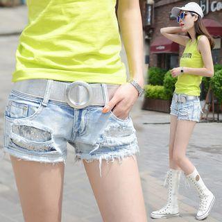 Sequined Distressed Denim Hot Pants