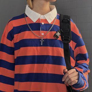 Striped Long-sleeve Oversize Polo Shirt Stripes - Orange & Blue - One Size
