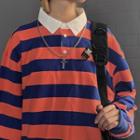 Striped Long-sleeve Oversize Polo Shirt Stripes - Orange & Blue - One Size