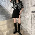Short-sleeve Leopard Print Crop Shirt / Spaghetti Strap Slit Mini A-line Dress