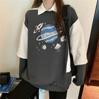 Mock Two-piece Planet Embroidered Pullover