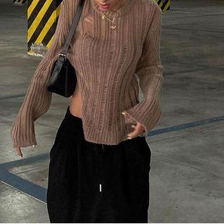Distressed Ribbed Crop Knit Top Brown - One Size