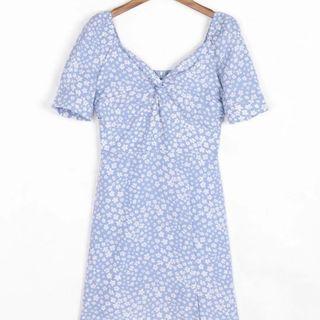 Short-sleeve Floral Print Twist-front Mini Sheath Dress