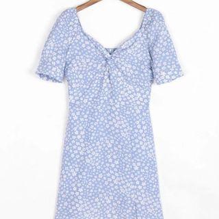 Short-sleeve Floral Print Twist-front Mini Sheath Dress
