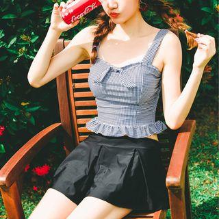 Set: Frill Trim Houndstooth Tankini + Swim Skirt