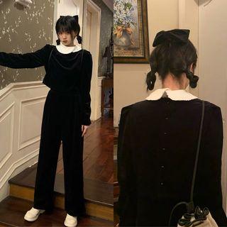 Peter Pan Collar Velvet Shirt / Drawstring Sweatpants