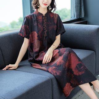 Flower Print Short-sleeve Mandarin Collar Midi Dress