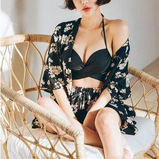Set: High Waist Bikini + Flower Print Cover-up