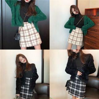 V-neck Furry Cardigan / Plaid A-line Skirt