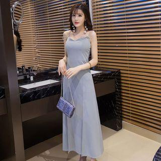 Spaghetti-strap Slit-front V-neck Plain Slim Dress