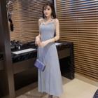 Spaghetti-strap Slit-front V-neck Plain Slim Dress