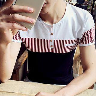 Striped Panel Short Sleeve Henley T-shirt