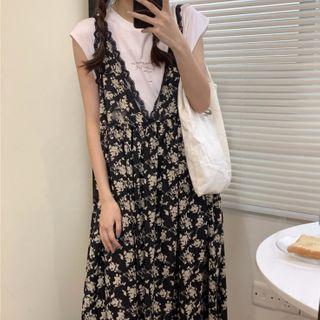 Lettering Cap-sleeve T-shirt / Flower Print Midi Pinafore Dress