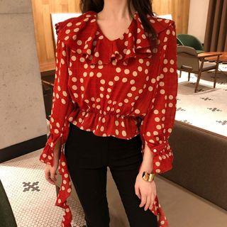 Long-sleeve Peplum Dotted Top Dot - Red - One Size