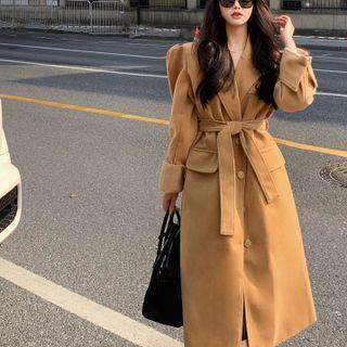 Puff-sleeve Long Wool Coat With Sash