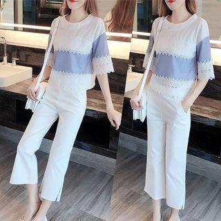 Set: Short-sleeve Lace Panel Top + Cropped Pants