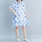 Elbow-sleeve Patterned A-line Mini Shirt Dress