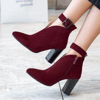 Pointed Buckled Block-heel Ankle Boots