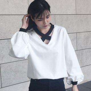 Lattice Puff-sleeve Chiffon Blouse